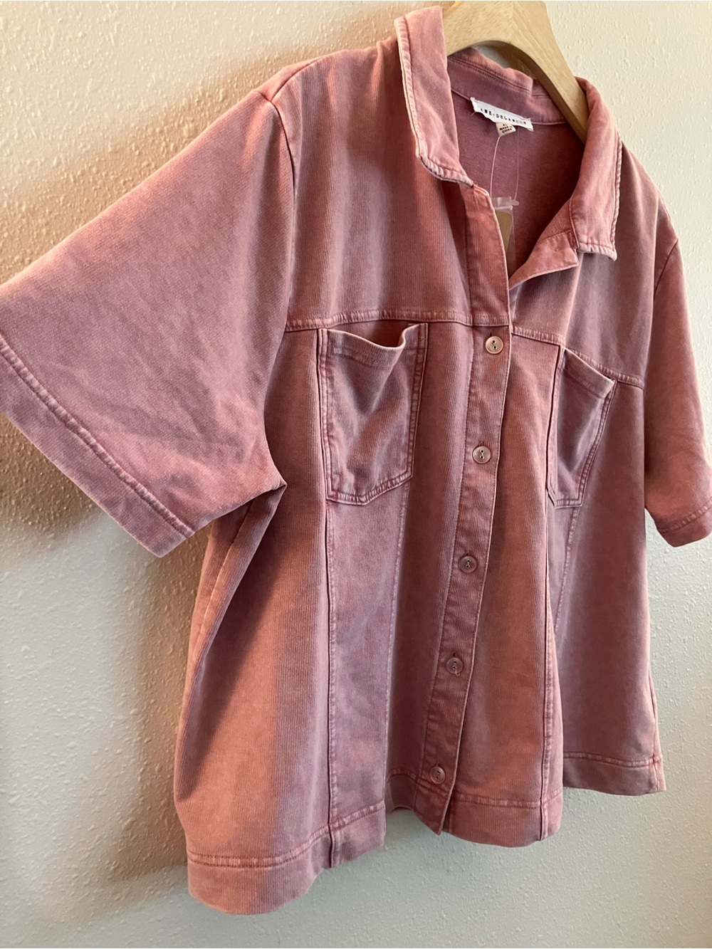 Jane & Delancey Washed Ash Pink Short-Sleeve Button-Down Soft Jean Shirt Blouse - Picture 3 of 8